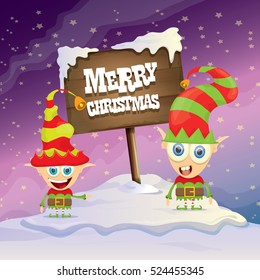 vector cartoon cute merry Christmas elf standing on winter snow landscape near wooden sign board with greeting text merry christmas and christmas lights behind. merry christmas vector illustration