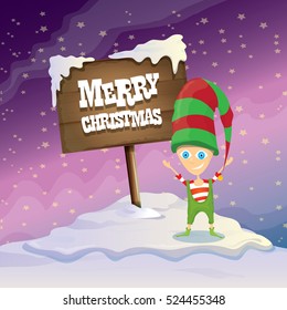 vector cartoon cute merry Christmas elf standing on winter snow landscape near wooden sign board with greeting text merry christmas and christmas lights behind. merry christmas vector illustration