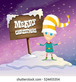 vector cartoon cute merry Christmas elf standing on winter snow landscape near wooden sign board with greeting text merry christmas and christmas lights behind. merry christmas vector illustration