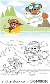 Vector cartoon of cute monkey on airplane pulling it friend on banana boat in sea, coloring book or page