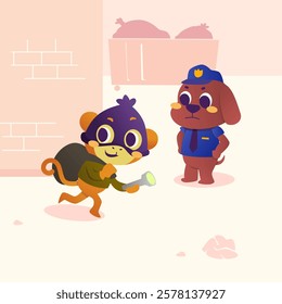 Vector cartoon of a cute monkey who is a thief who is sneaking around in an alley with his stolen goods but there is already a police dog who is blocking him