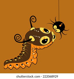 Vector cartoon cute monster caterpillar with spider