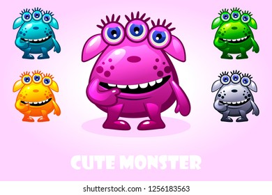 Vector cartoon cute monster in different colors, funny character set