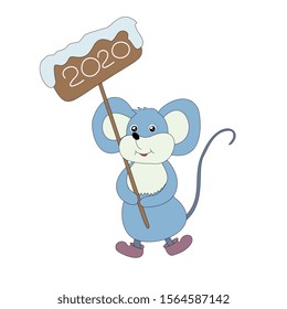 Vector cartoon cute mouse holds in his paws a wooden sign with the inscription 2020. A symbol of the Chinese new year.