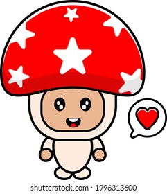 vector cartoon cute mushroom character with love chat bubble