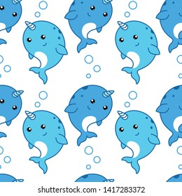 Vector Cartoon Cute Narwhal Patterns In White Background