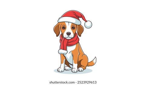 Vector cartoon cute nice friendly festive sitting little dog in red scarf and Santa Claus hat. Domestic purebred pet. Merry Christmas and Happy New Year. White isolated background.