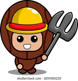 vector cartoon cute nutmeg spice mascot costume character wearing farmer's hat and holding farmer's fork