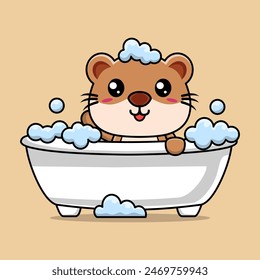 Vector cartoon cute otter bathing in bathtub filled with foam