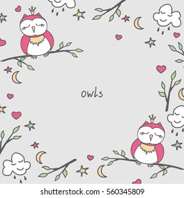 Vector cartoon cute owls with leaves, clouds and hearts, greeting card or frame template.
