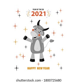 Vector Cartoon Cute Ox Character. Greeting Card with Funny Doodle Joyful Bull. 2021 Year of Ox Zodiac Sign. Happy Chinese New Year Holiday Poster 