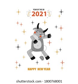 Vector Cartoon Cute Ox Character. Vector Greeting Card with Funny Doodle Dabbing Bull. 2021 Year of Ox Zodiac Sign. Happy Chinese New Year Holiday Poster 