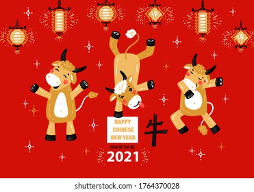 Vektor Cartoon Cute Ox Zeichen. 2021 Jahr des Ox-Chinesischen Zodiac-Zeichens. Happy Chinese New Year Holiday Poster. Grußkarte mit lustigen Bullen und goldenen Laternen