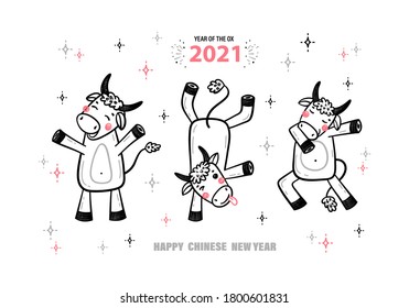 Vector Cartoon Cute Ox Characters. 2021 Year of White Ox Zodiac Sign. Happy Chinese New Year Holiday Poster. Greeting Card with Funny Doodle Bulls