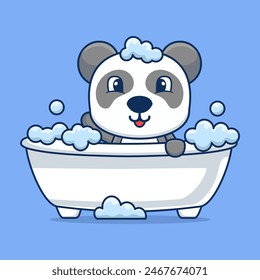 Vector cartoon cute panda bathing in bathtub filled with foam