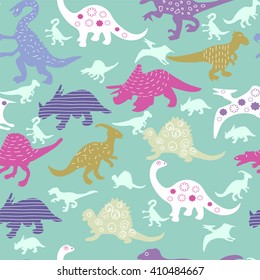 Vector Cartoon Cute Pattern of colorful different dinosaur silhouette - Illustration 