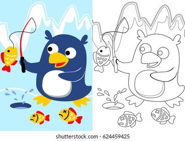 vector cartoon of cute penguin fishing, coloring book or page