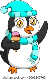 Vector cartoon cute penguin holding ice cream