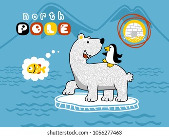 Vector cartoon of cute penguin ride on polar bear's back, Antarctica element illustration