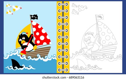 vector cartoon of cute penguin the sailor on sailboat in shark attack, coloring book or page