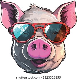 Vector cartoon cute pig wear sunglass illustration