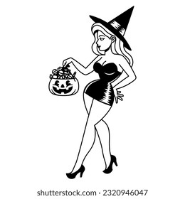 Vector Cartoon Cute Pin Up Witch Isolated