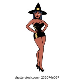 Vector Cartoon Cute Pin Up Witch Aislado