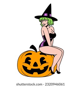 Vector Cartoon Cute Pin Up Witch Isolated