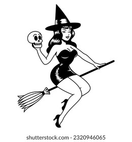 Vector Cartoon Cute Pin Up Witch Aislado