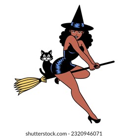 Vector Cartoon Cute Pin Up Witch Isolated