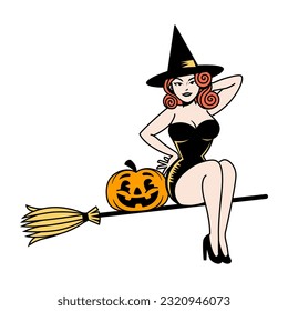 Vector Cartoon Cute Pin Up Witch Isolated