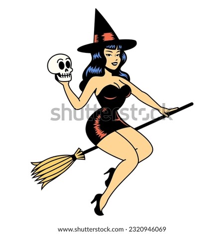 Vector Cartoon Cute Pin Up Witch Isolated