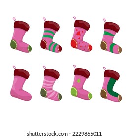 vector cartoon cute pink and ugly christmas socks with color ornament isolated on white background. Merry Christmas vector greeting card, background, banner and poster with socks and stockings