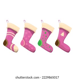 dibujos animados vectoriales calcetines de navidad lindos rosa y feo con adorno de color aislados en fondo blanco. Feliz Navidad vectorial tarjeta de saludo, fondo, cartel y afiche con medias y medias