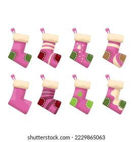 dibujos animados vectoriales calcetines de navidad lindos rosa y feo con adorno de color aislados en fondo blanco. Feliz Navidad vectorial tarjeta de saludo, fondo, cartel y afiche con medias y medias
