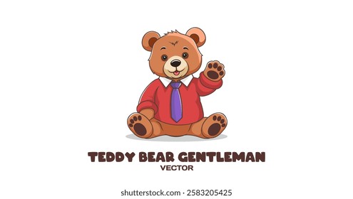 Vector cartoon cute plush brown smiling teddy bear in red sweater and lilac tie. Toon soft cuddly sitting childish toy greets and waves paw. White isolated background