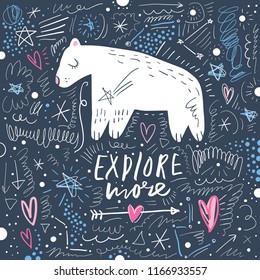 Vector cartoon cute polar bear pattern. Ornate picture. It may be used for poster, postcard, layout, greeting card, wall art, phone case, t-shirt