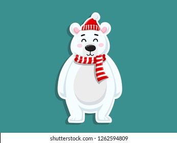 Vector Cartoon Cute Polar Bear Sticker. Merry Christmas and happy new year. decorative element on holiday. Greeting card design, posters, gift tags and labels.