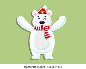 Etiqueta engomada linda del oso polar de la historieta del Vector. Feliz Navidades y feliz año nuevo. elemento decorativo en vacaciones. Diseño de tarjetas de felicitación, carteles, etiquetas de regalo y etiquetas.