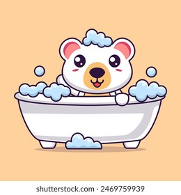 Vector cartoon cute polar bear bathing in bathtub filled with foam