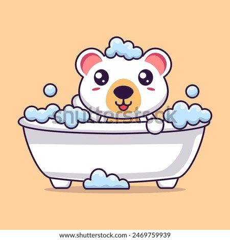 Vector cartoon cute polar bear bathing in bathtub filled with foam