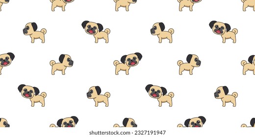 Vector cartoon cute pug dog seamless pattern background for design.
