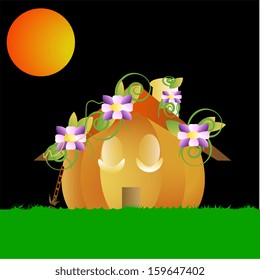 Vector Cartoon Cute Pumpkin House With Flowers
