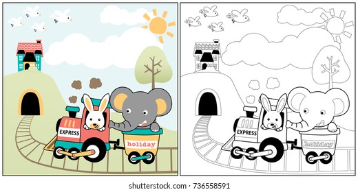vector cartoon of cute rabbit with elephant on steam train, coloring book or page