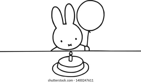vector cartoon cute rabbit white cake and balloon