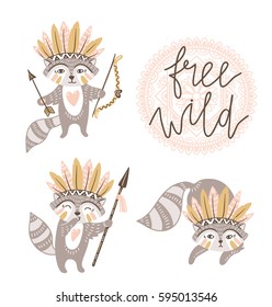 Vector cartoon cute raccoons and stylish handwritten text - 'free wild'. Funny elements for greeting cards, posters or prints. 