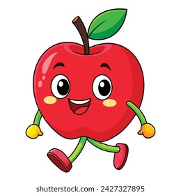 Vector cartoon cute red apple walking on white