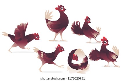 vector cartoon cute red brown chicken, roosters and chicks set. Bird animal characters learning to fly running, hugging eggsm showing okey gesture, waving wings in greeting.