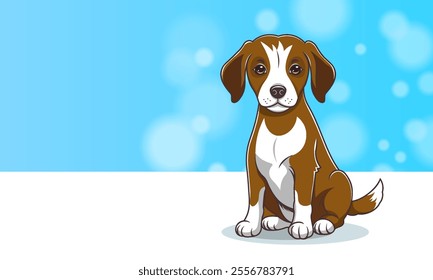 Vector cartoon cute sad sitting purebred brown and white beagle puppy. Kind friendly pet. Domestic animal. Small dog. Nice doggy.