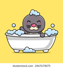 Vector de dibujos animados lindo lobo marino bañándose en la bañera llena de espuma
